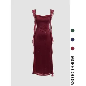 Women’s Valentine’s Day solid-color sparkling ruffle dress, elegant sleeveless design, suitable for parties, clubs, and dates; women’s clothing for all four seasons GARMENTARY