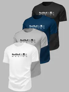 Bull Racing Logo Print Short Sleeve T-Shirt, Summer F1 Fan Casual Top, American Retro Western Style, Comfortable Fabric