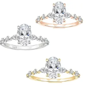 (HANHAI )3 CT 925 Sterling Silver Ring Oval Cut Cubic Zirconia Engagement Solitaire Halo Promise Ring for Women Gold-Plated Striped Couple old money ss cluster marquise wedding elongated city Moissanite Chunky Princess Icy Emerald CZ Thin Band Cuban Link,