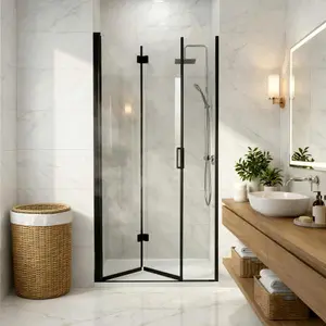 Semi-Frameless Folding Pivot Hinged Shower Door, 34-35.2 in. W x 72 in. H, 1/4" (6mm) Tempered Glass Bifold Panel, Reversible Installation, Matte Black Interior Folding Door for Home Improvement