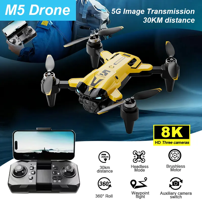 M5 Foldable Drone with 8K HD Camera, 5G Image Transmission, GPS Positioning, Remote Control Quadcopter with Obstacle Avoidance for Adults