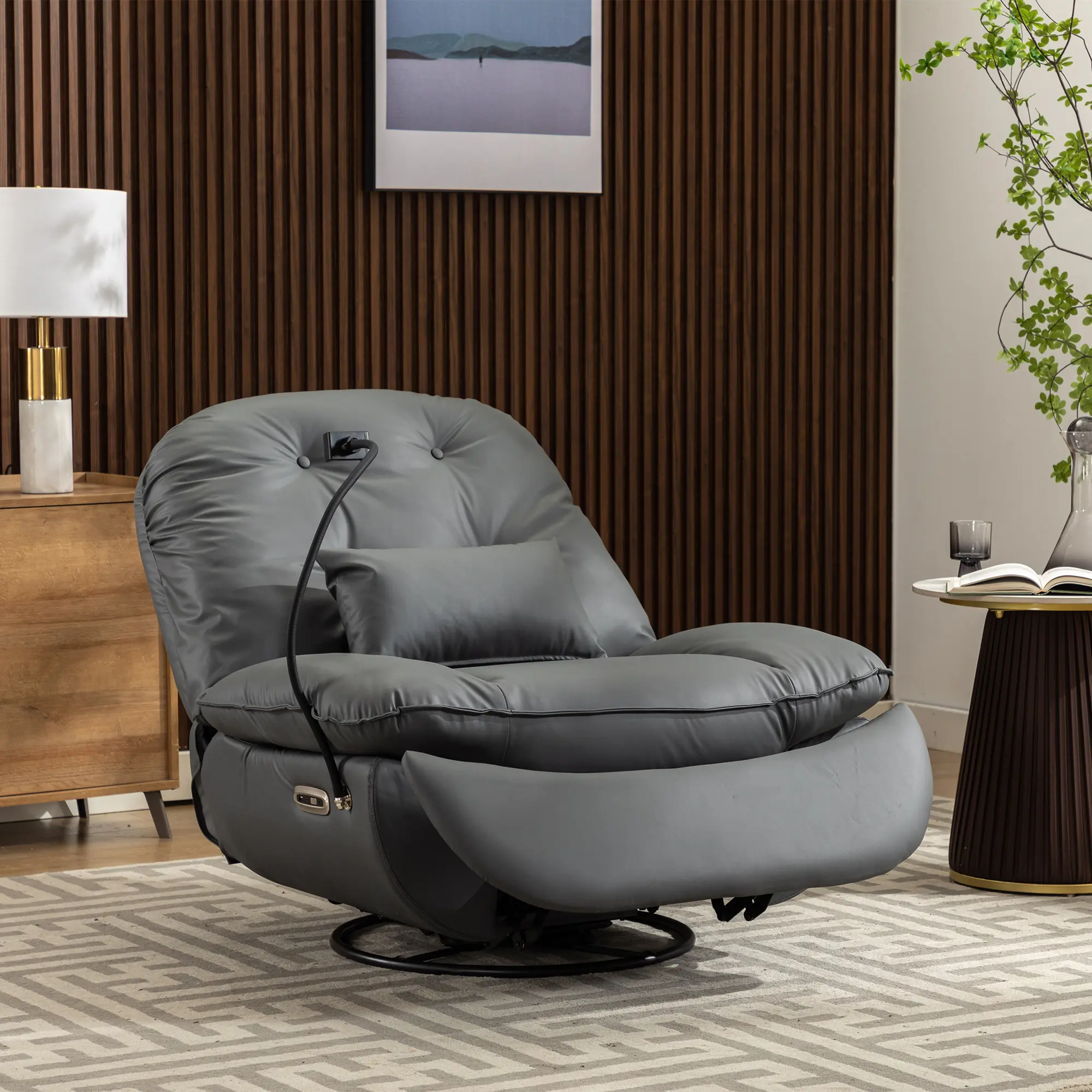 Oversized Electric Power Recliner Chair, 360° Swivel Rocker Recliner, Single Lazy Sofa Chair with Lumbar Pillow & Adjustable Phone Holder, Modern Reclining Lounge Chair for Living Room Bedroom