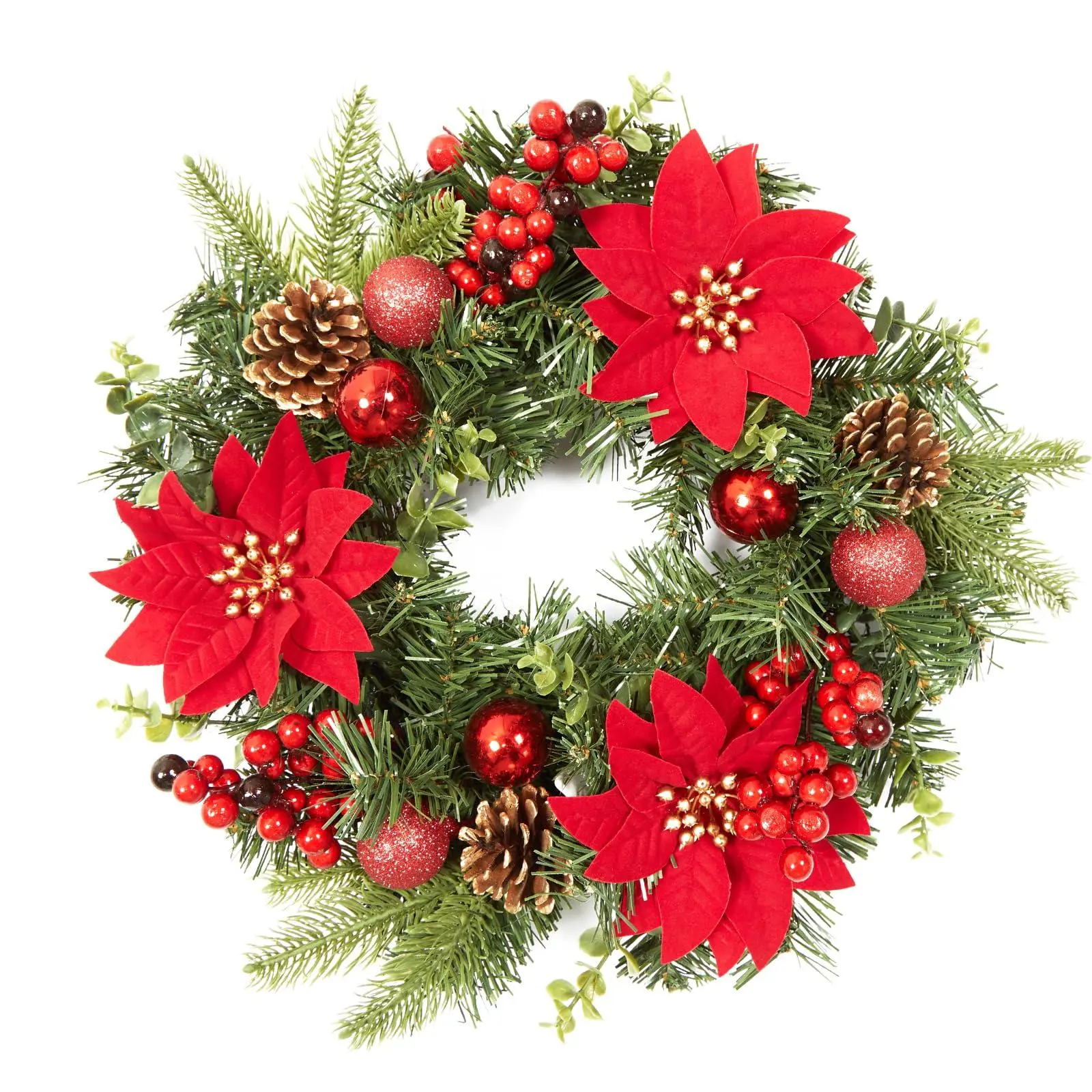 GARVEE 16" Plastic Artificial Christmas Wreath for Front Door - Red Poinsettia Flowers, Lifelike Leaves, Pine, Balls, Berries - Ideal Holiday Indoor Decor Piece, Decoration