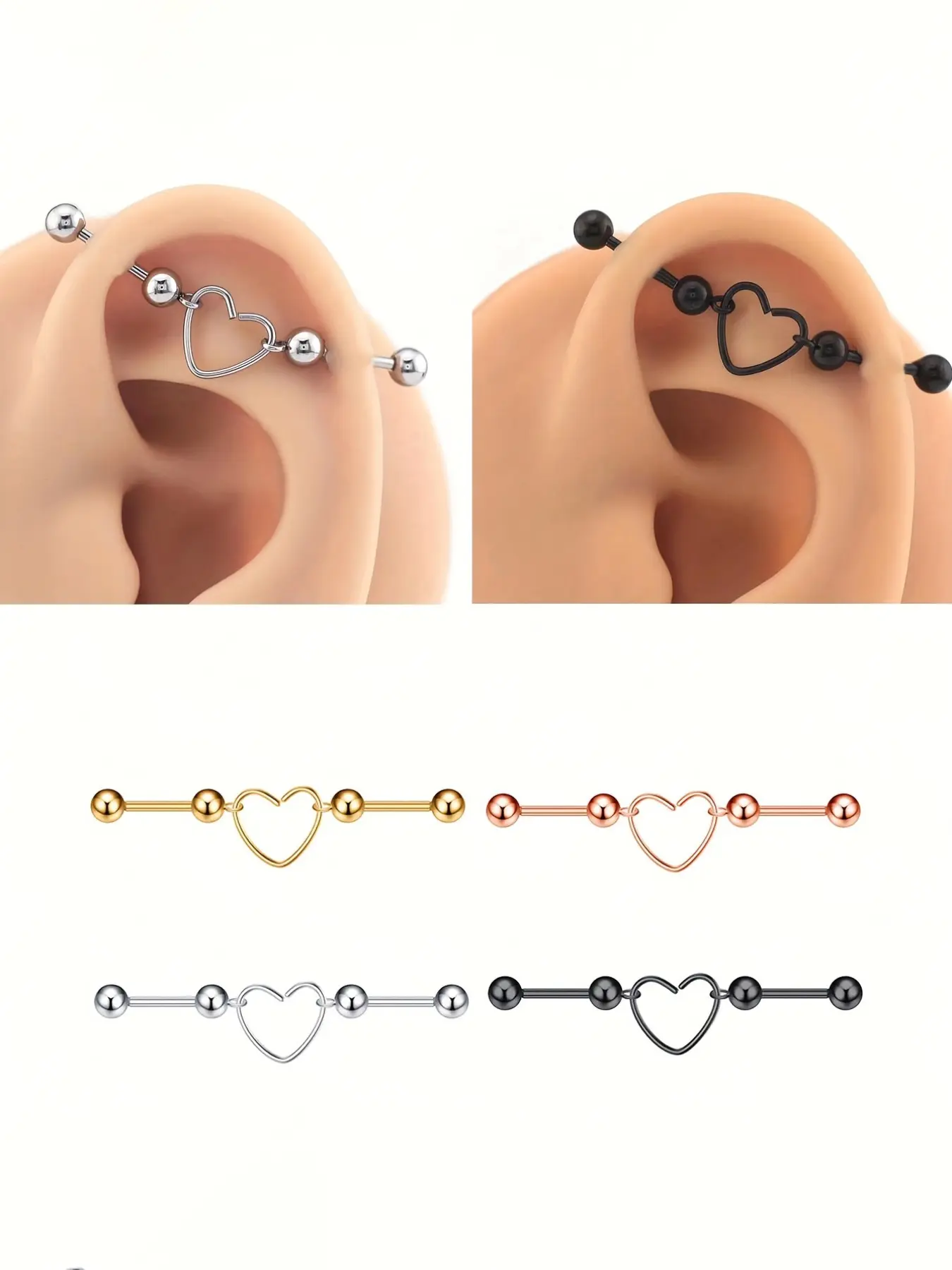 Heart Floating Industrial Barbell Stainless Steel Body Piercing Jewelry Ear Cuff Helix Cartilage Earring 16 Grams 1.2mm Simple Style Valentine's Day Gift Body Jewellery