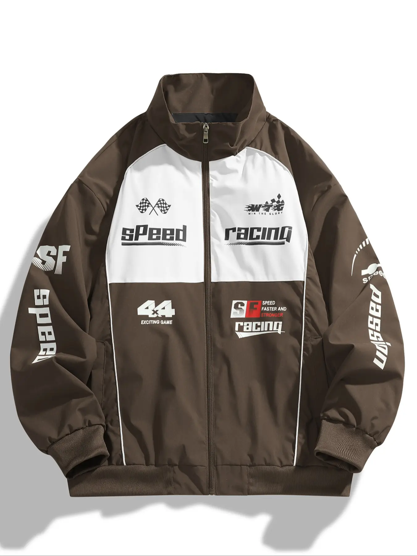 Men's Racing Graphic Jacket, Vintage Motorcycle Style Patchwork Bomber Coat, Street Fast Track Letter Jacket, Casual Long Sleeve Zipper Jacket