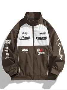 Men's M&m Racing Jacket, Menswear Vintage Moto Style Patchwork Bomber Coat, Streetwear Track Graphic Letter Print Fitted Long Sleeve Baseball Jacket, 2000s Speed Racing Design