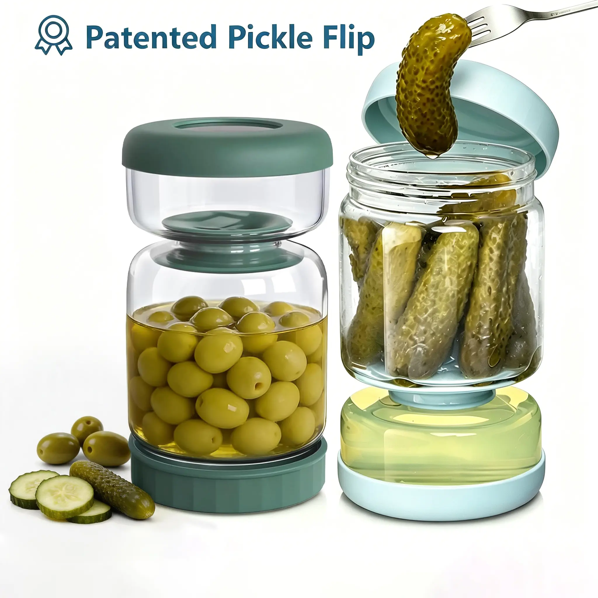 KISTVO 34oz (1000ml) Blue Borosilicate Glass Pickling Jar Canister - Double Anti-Leak Lid, Airtight Cap, Hourglass Flip for Easy Drainage, Wide Mouth for Pickles Veggies, Kitchen Organization Tool, Pickling Glass Jars