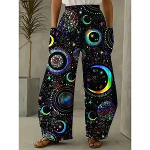 Plus Size Women's Holographic Moon & Star Print Wide Leg Trousers with Pockets Polyester Woven Bottoms LF42425 Pants Womenswear Fabric Wideleg Multicolor Galaxy Pattern