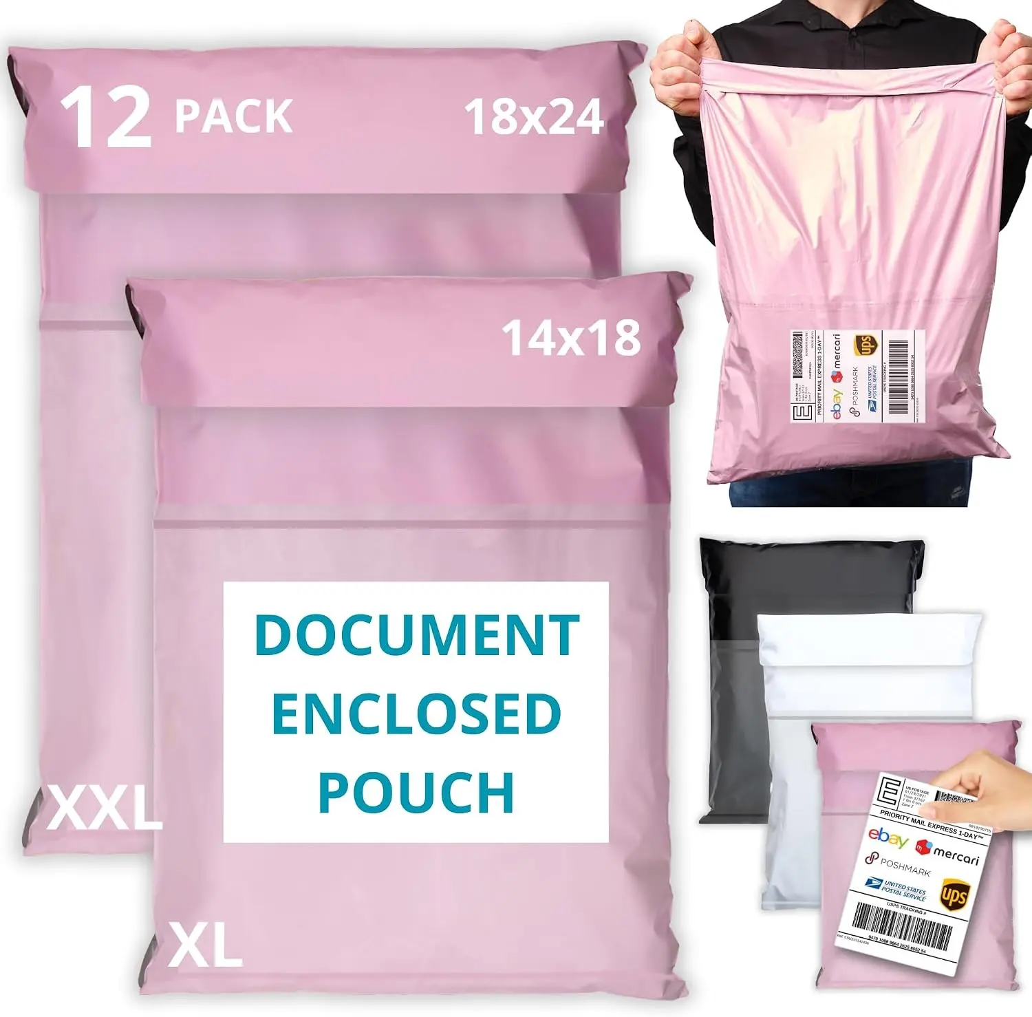 Shipping Bags (12 Pack) with Label Pouch - 14x18 & 18x24 - Poly Mailers for Clothes, Self-Seal Plastic Mailing Envelopes - Tear & Water-Resistant Packaging Bags for Clothing, Not Padded