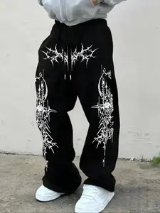 Men's Casual Sporty Long Pants, Thorns Pattern Print Wide Leg Loose Fit, All Season Fashionable Men's Clothing, Athleisure Style Bottoms