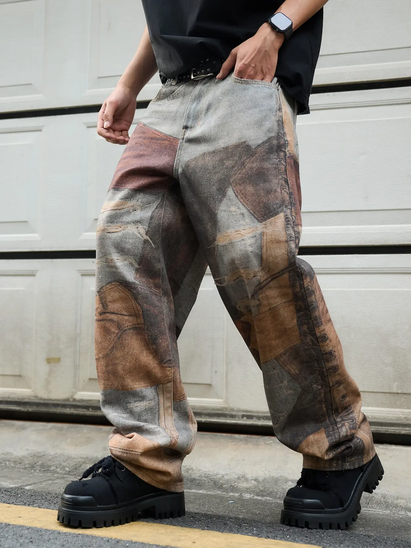 Men's 3D Printed Geometric Jeans Y2K Graffiti Denim Jeans, Loose Fit Wide Leg Street Vintage Washed Jeans, Casual All Season Clothing