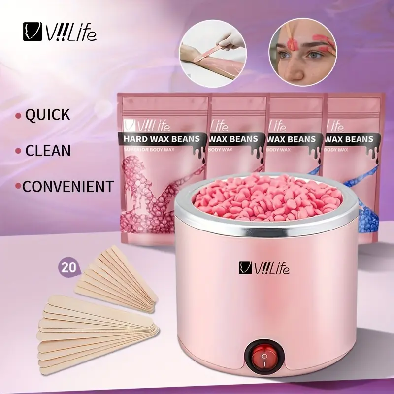 Viilife Pink Waxing Set for Women - 200cc Smoothing Moldable Wax Warmer, 4 Wax Bean Packs, 20 Sticks, Quick-Clean Home Beauty Self Care Hair Removal Product for Smooth Skin