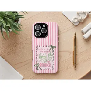 Compatible Bookish Phone Case Pink Striped iPhone Cover Gift for Readers Book Lovers Teacher BookTok Aesthetic Iced Coffee and Books,phone Case Suitable for Iphone 11/12/13/14/15/16/17 Pro Promax Plus Air