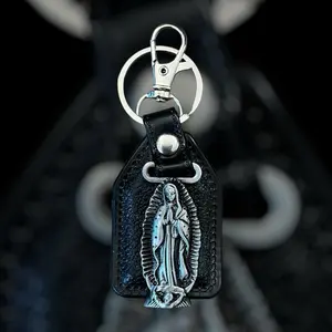 Religious Black Leather Keychain Our Lady of Guadalupe Virgen de Guadalupe with Virgin Mary Medal Design, Metal Ring Holder, Catholic Prayer Accessory Llavero Llavera