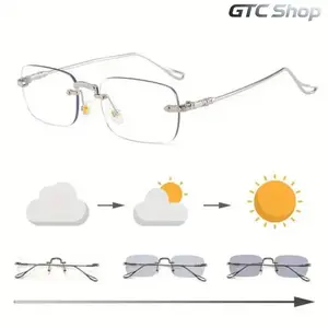 Unisex Photochromic Anti-Glare Rectangular Metal Glasses - Stylish Frameless Fashion Eyewear for Daily Commute & Office Work #summervibes