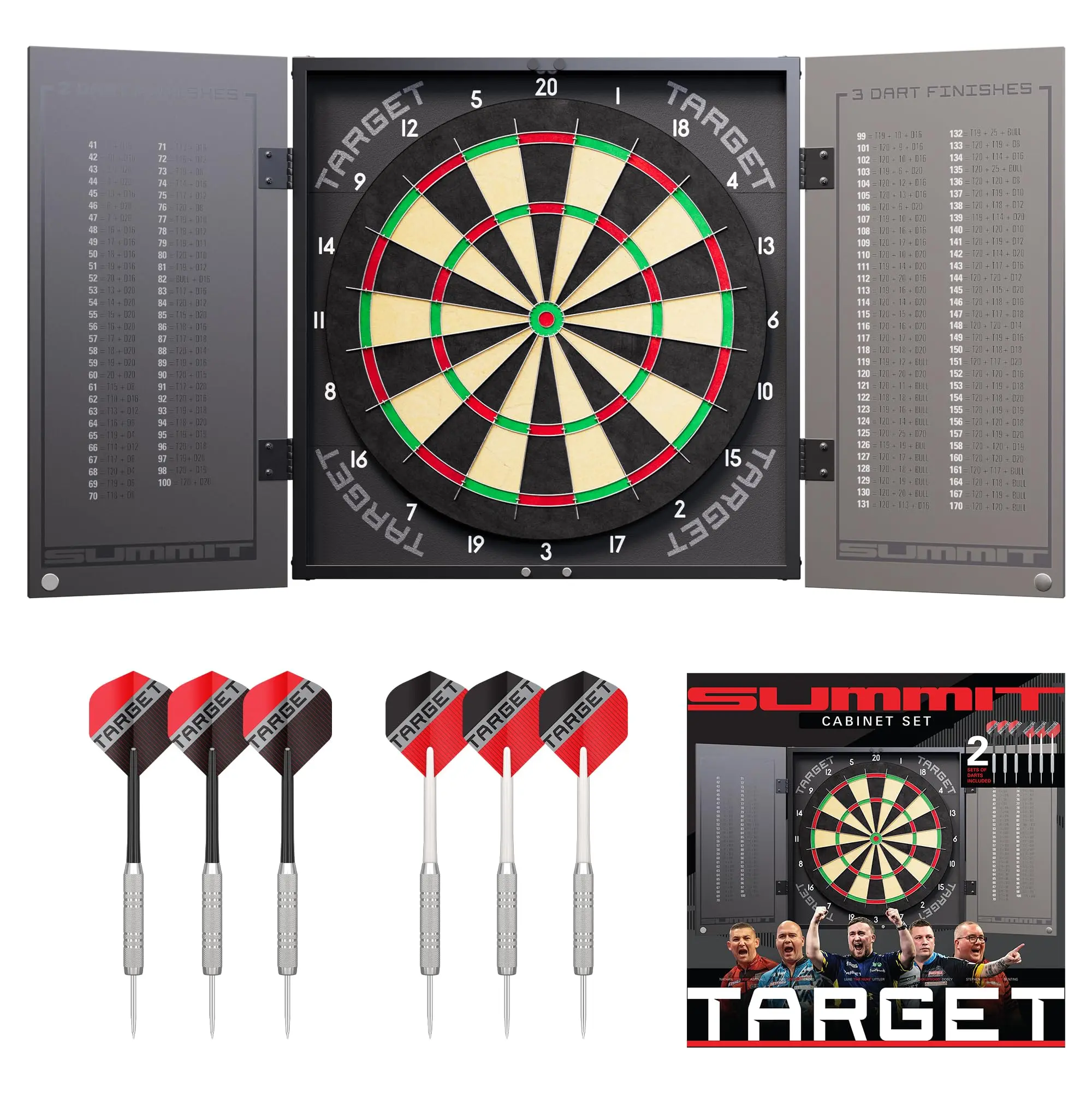 Target Darts Summit Cabinet and Slim Dartboard Set |Complete Dart Set Up | Includes Dart Board Cabinet and Board, Steel Tip Brass Darts, 1 Month Dartcounter App Subscription