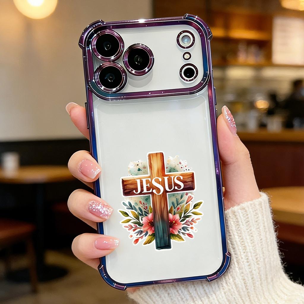 Floral Jesus Cross Phone Case for iPhone 11/12/13/14/15/16/17 Pro Max Plus & 17 Air, Gold Electroplated Religious Christian Cover DDSJ-260407028