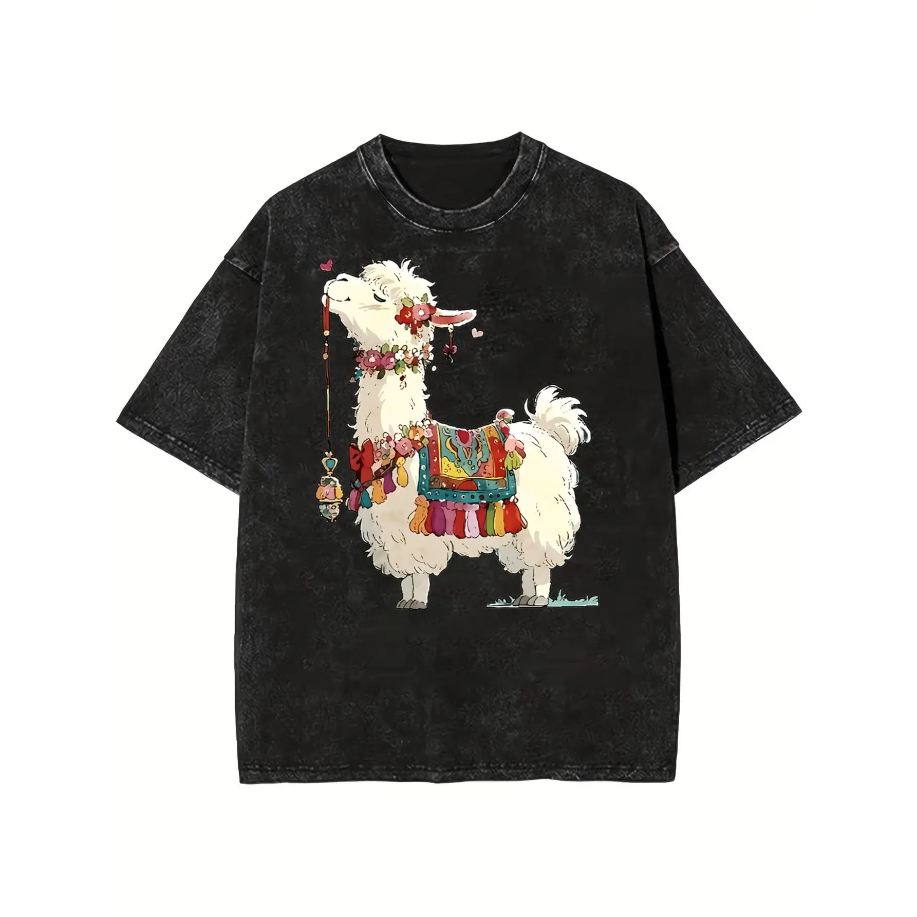 One 100 Percent Cotton Front Washed Fabric T Shirt With Cute Alpaca Design Festival Style For Men And Women Daily Wear 230g