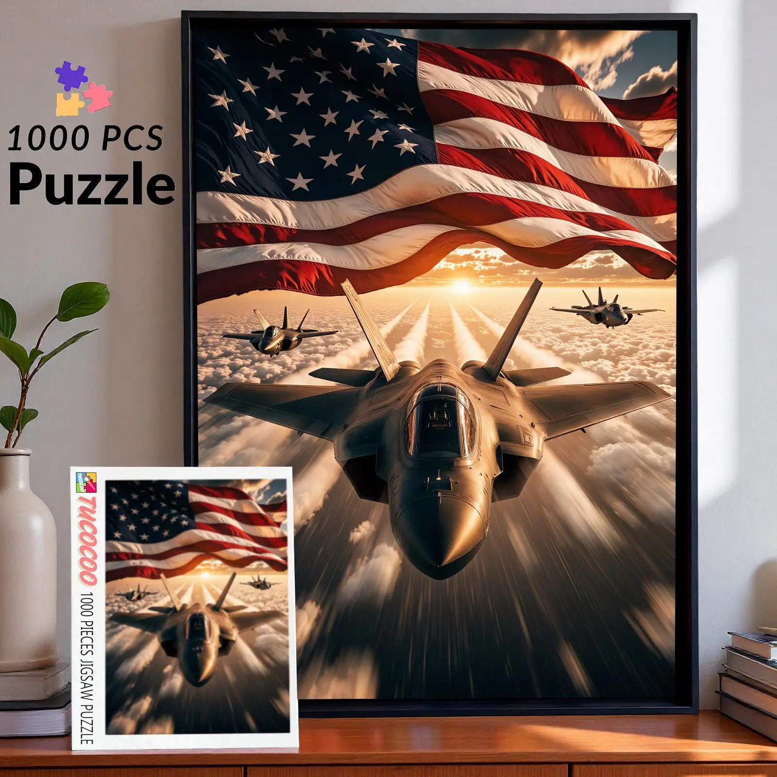 Independence Day American Flag Fighter Jet 1000 Pieces Jigsaw Puzzle, Patriotic USA Air Force Scene with Jets Above Clouds, Relaxing Family Game Stress Relief Brain Challenge, Decorative Wall Art Gift for Adults Seniors Veterans 27.5x20inch(70x50cm)