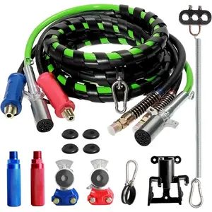 12FT Semi  Air Lines Kit - 3 In 1 Air Hoses Wrap 7 Way Trailer Cord Power Air Line for Semi , Trailer, Tractor, With Gladhands,Handles,Holder,Tender Spring Kit,Seals