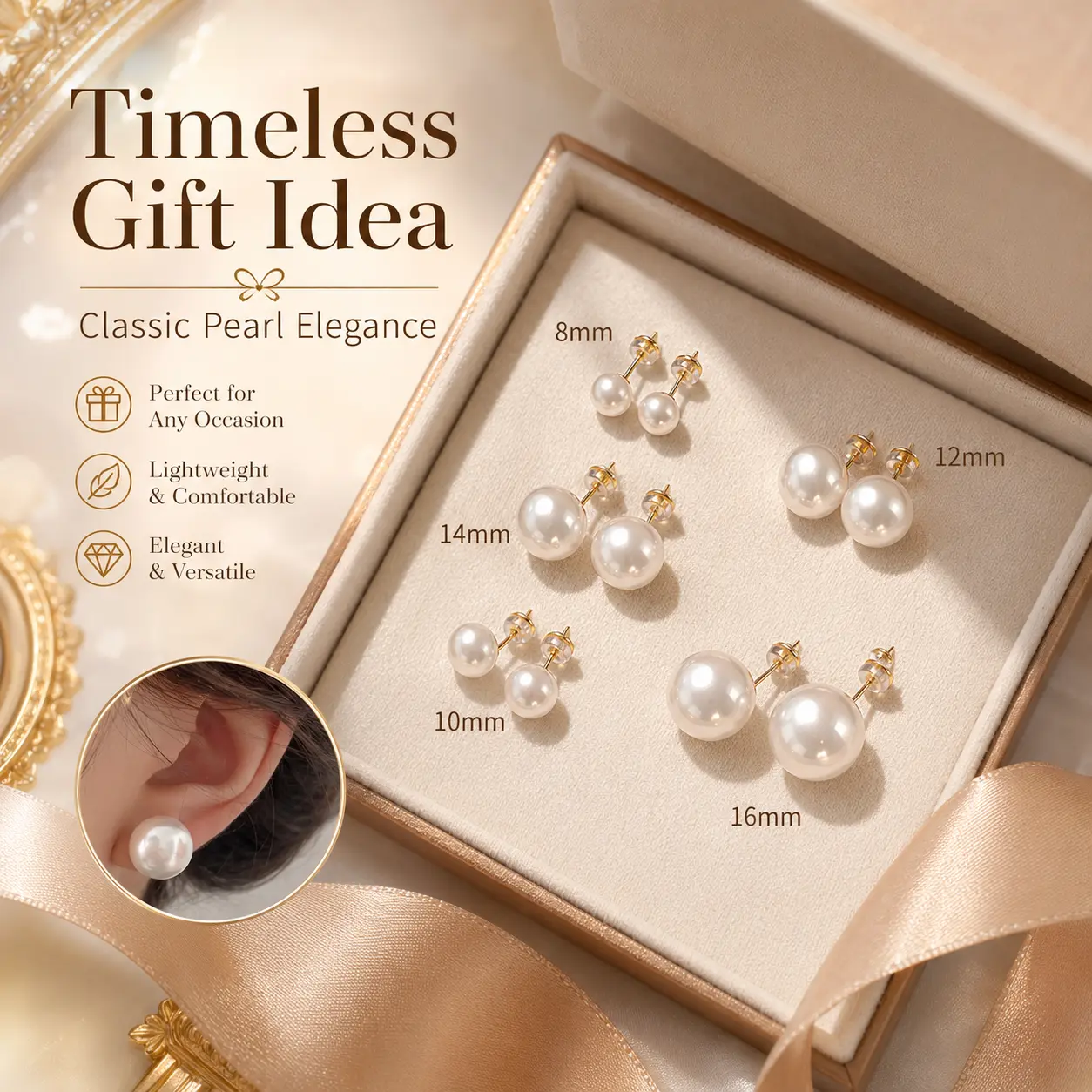 Classic Pearl Stud Earrings Gold Tone 5 Sizes 8mm 10mm 12mm 14mm Most Popular 16mm Hypoallergenic Lightweight Everyday Sparkle Timeless Gift Women Girls Fashion Jewelry Accessory