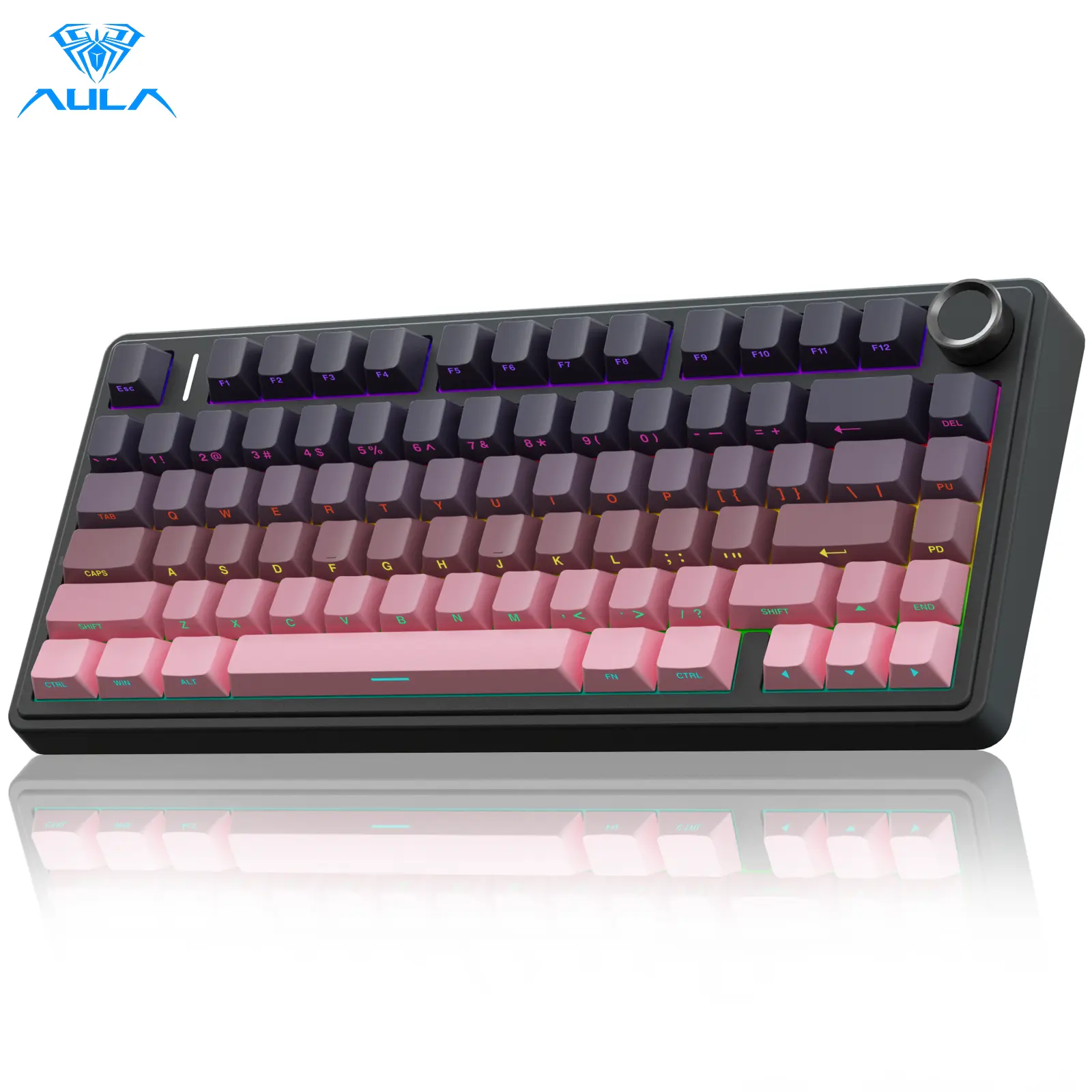 AULA F75 Pro Wireless Mechanical Gaming Keyboard - 75% Layout, Knob Control, Washer Hot-Swappable Custom, Tri-Mode 2.4GHz/USB-C/BT5.0, RGB Lights, Pre-Lubricated Reaper Switches, PBT Caps (Gradient Pink), Wireless Keyboards for Gaming, Backlit