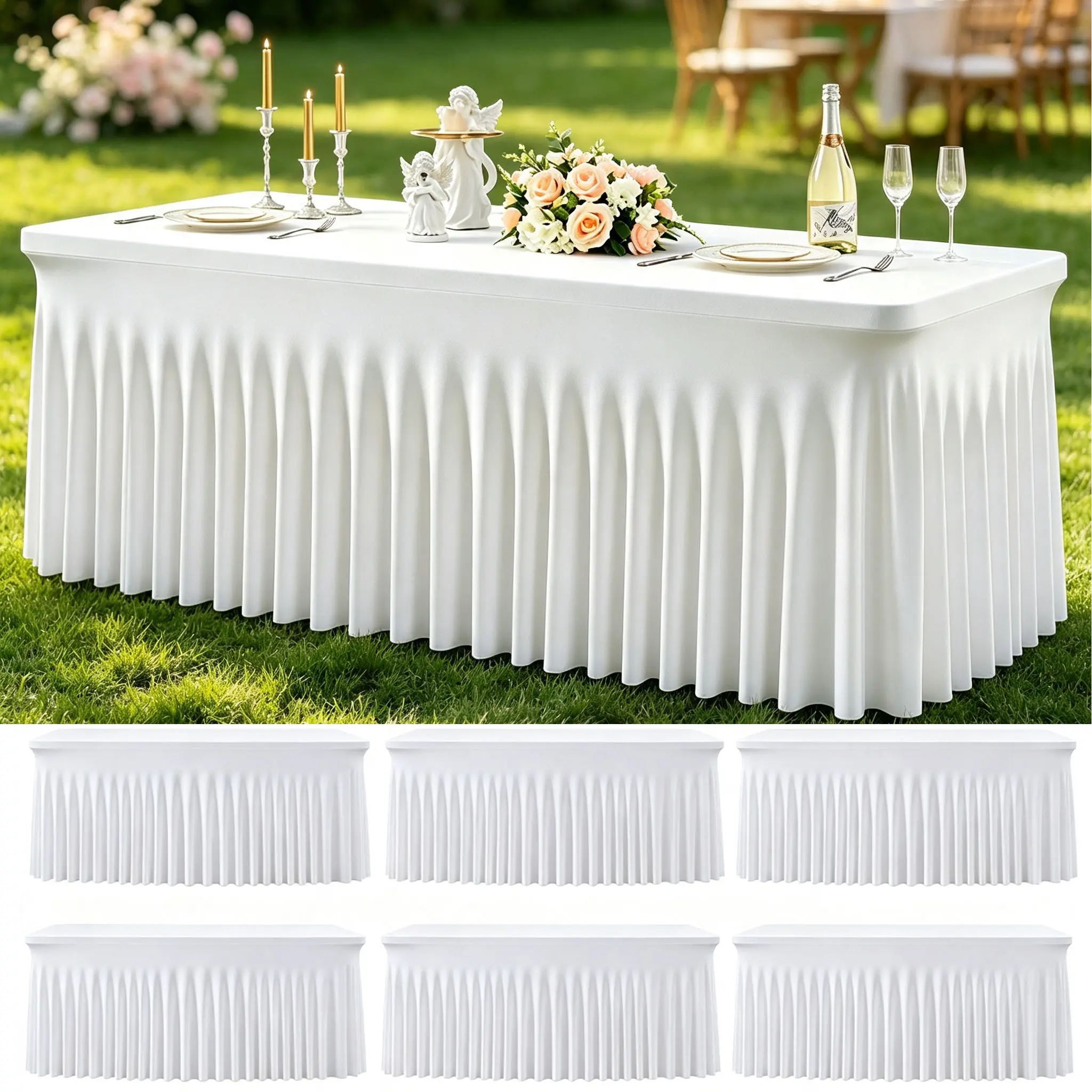 6 Pack Spandex White Table Clothes for4/6/8FT Foot Rectangle Tables, Wrinkle Free Stretch Table Cloths Fitted Tablecover Desk Skirt for Birthday Parties Wedding Banquet Baby Shower