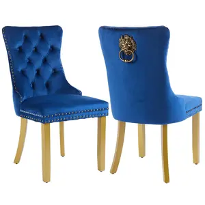 Dining Chairs Set of 2, Modern Tufted Dining Room Chair, Velvet Upholstered Dining Chairs with Lion Head Pulls Ring and Golden Solid Wood Legs, Luxury Kitchen Chairs for Dining Room