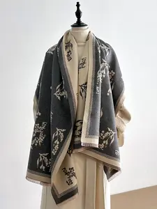 Women's Elegant Plant Print Fringe Scarf, Fashionable Multifunctional Shawl/baby Blanket for Fall/winter Warmth