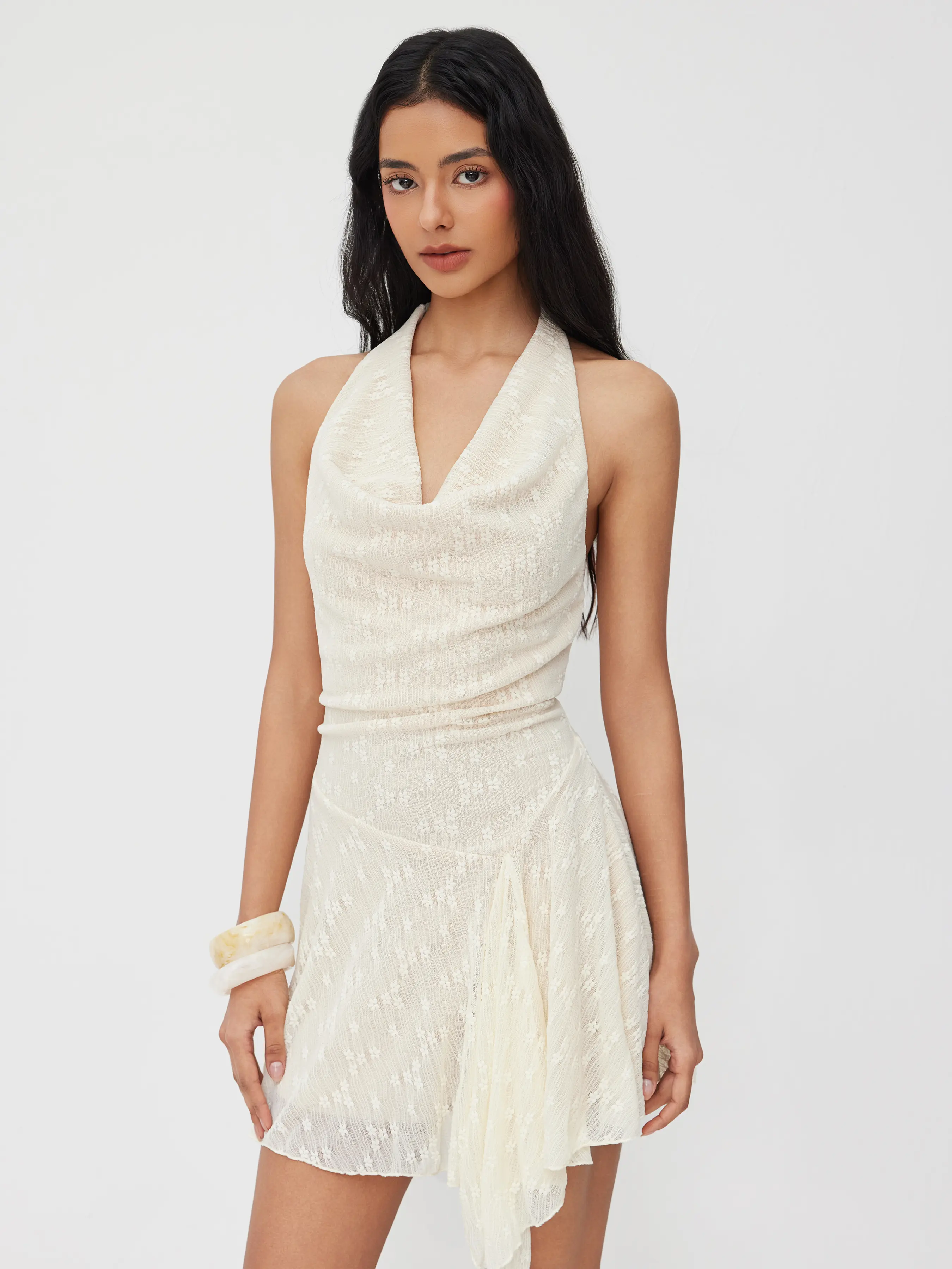 Cider Women's Bodycon Sleeveless Cowl Halter Neck Lace-Knotted Ruffle Casual Mini Dress - Above the Knee, Sexy Party, Evening Wear