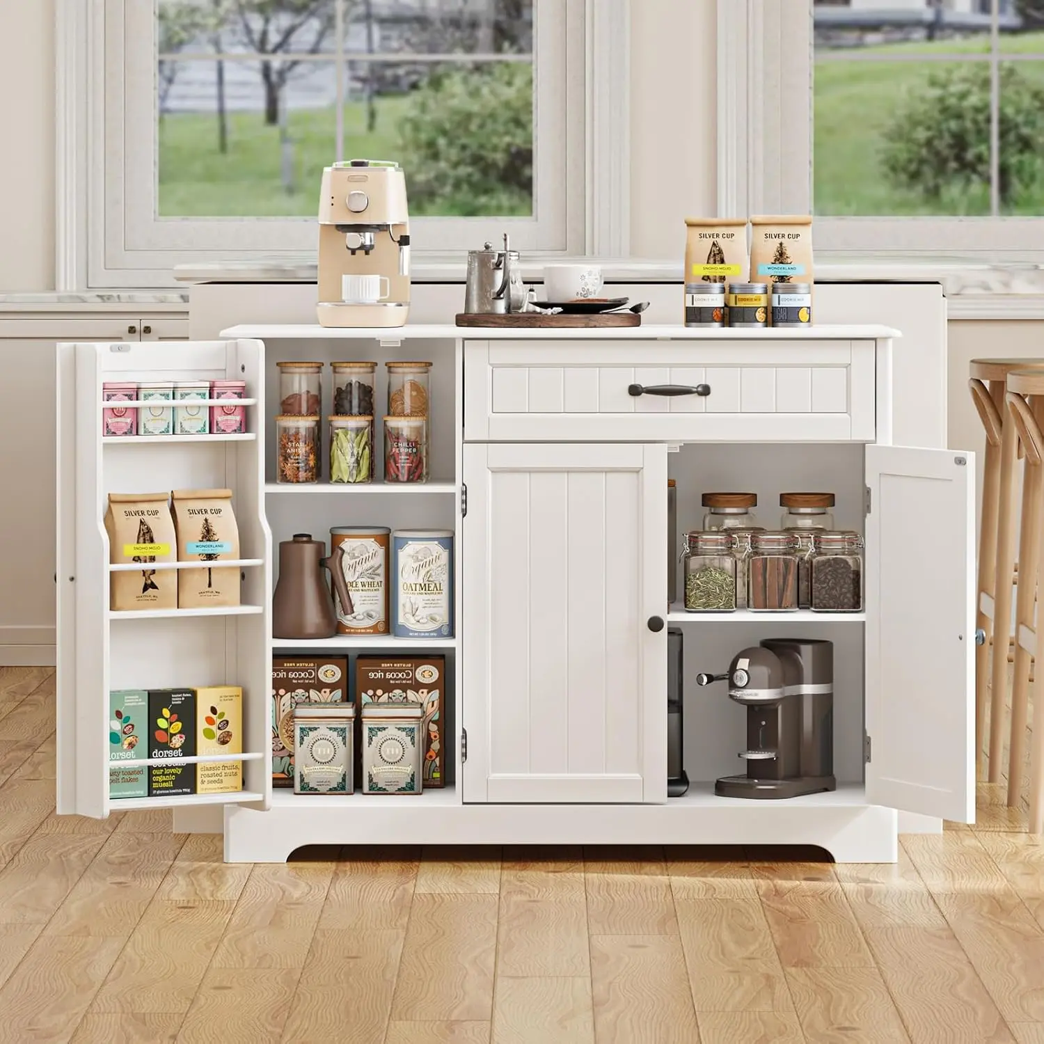 GIZOON 42-Inch Modern Freestanding Cupboard - Indoor Furniture with Storage Drawer, Sliding Door, Coffee Bar Station for Kitchen, Small Room Home Organization Storage