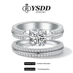 【#366】1CT Deluxe Classic Four-prong Floating Synthetic Moissanite Rings in 925 Sterling Silver with Mathing Band