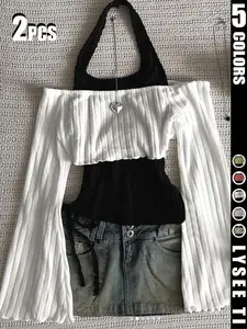 2PCS Fashion casual Fitted women's contrasting neck hanging solid color top two-piece set