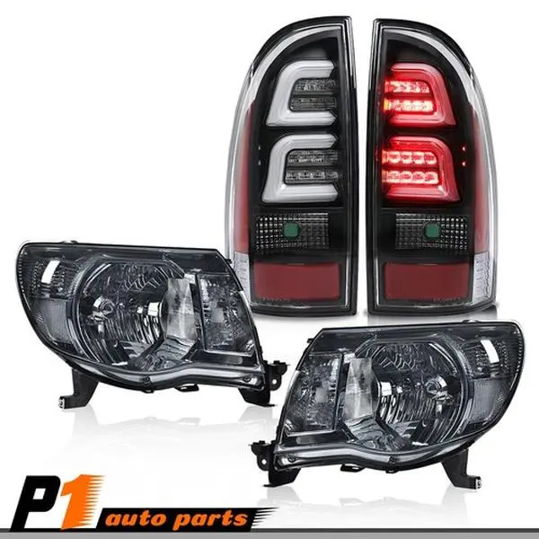 Car Lighting Upgrade Kit - Smoke/Chrome Headlights, 3D LED Tube Bar Tail Lights for 2005-11 Tacoma