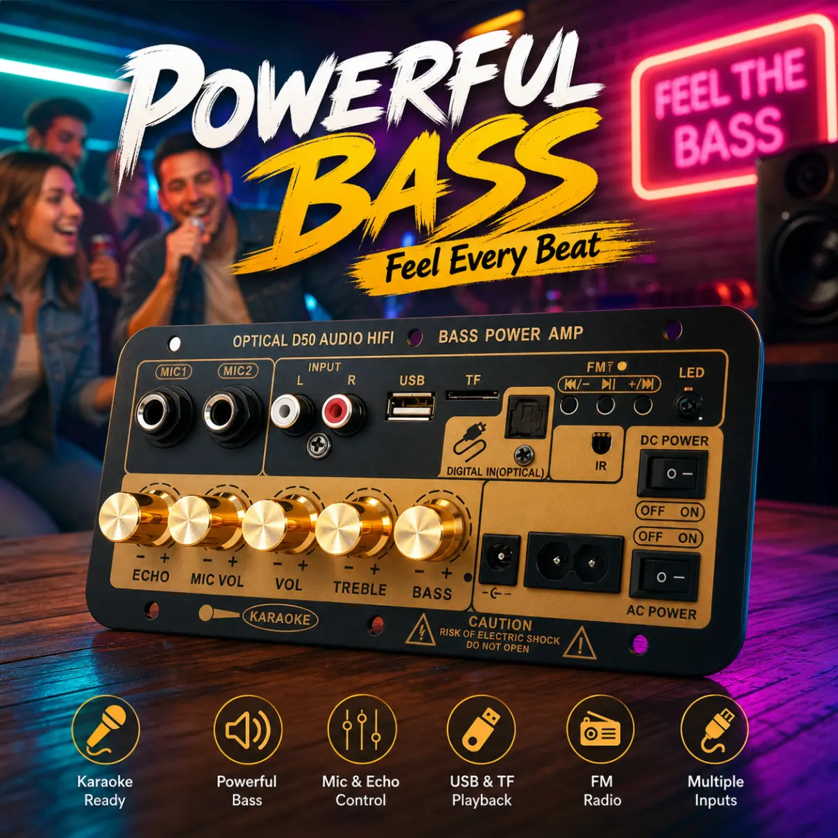 Portable Audio Karaoke Subwoofer Amplifier Board - Bluetooth, USB, Card Support, Dual Microphone Echo Control, AC/DC Universal Voltage, for Home & Outdoor Speaker Upgrades, Adjustable
