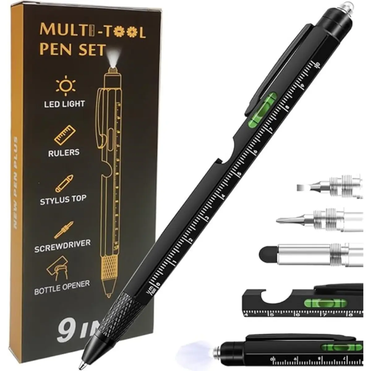 9 in 1 Multitool Pen, Stocking Stuffers Gifts Unique Christmas Birthday Multi Tool Pen for Men Dad Husband Who Have Everything, Cool Gadgets Pocket Multi Tool (Black),All the 9 functions can meet your daily use or hiking camping outdoor.