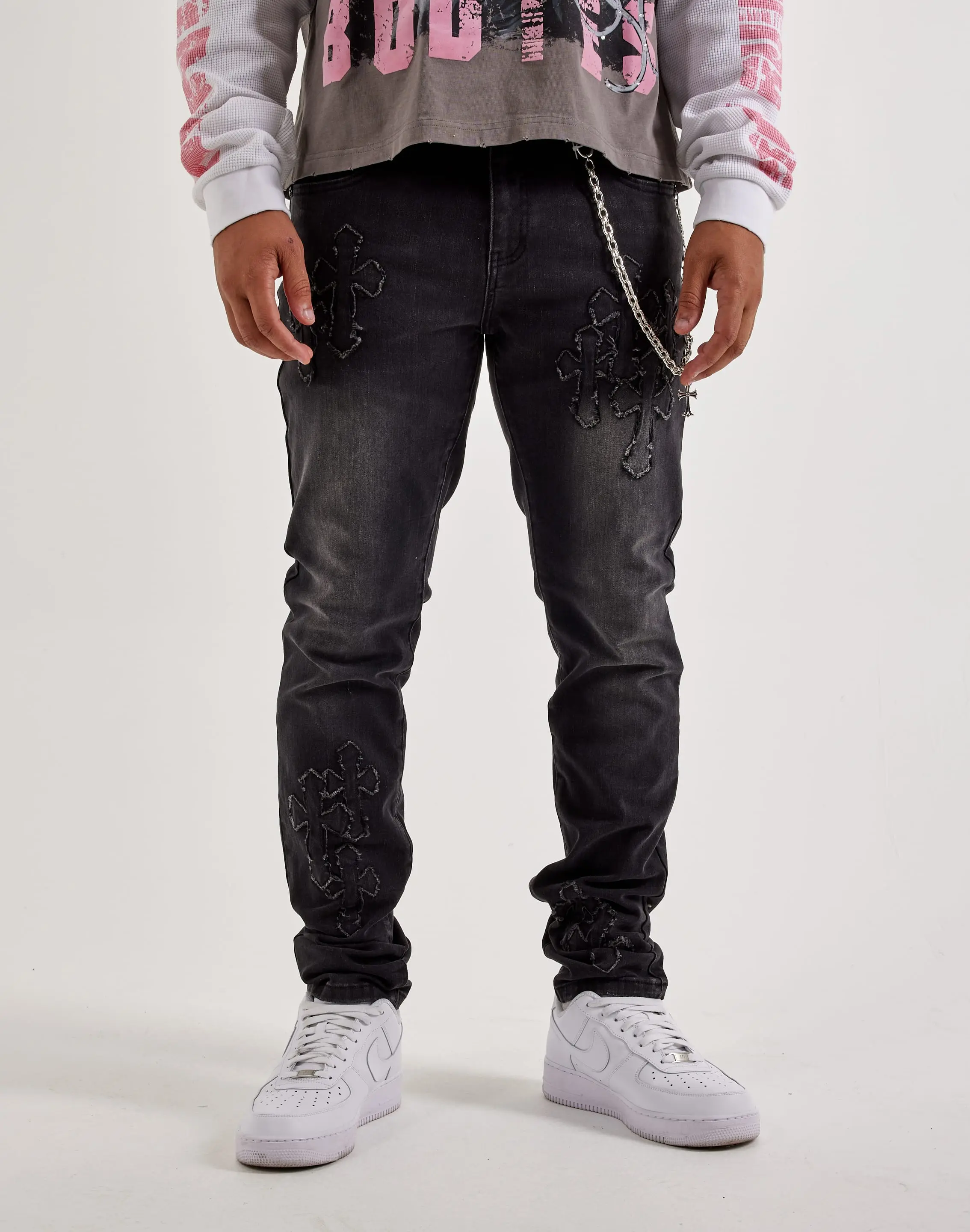 Mens Kilogram Slim Chain Cross Patch Denim Jeans