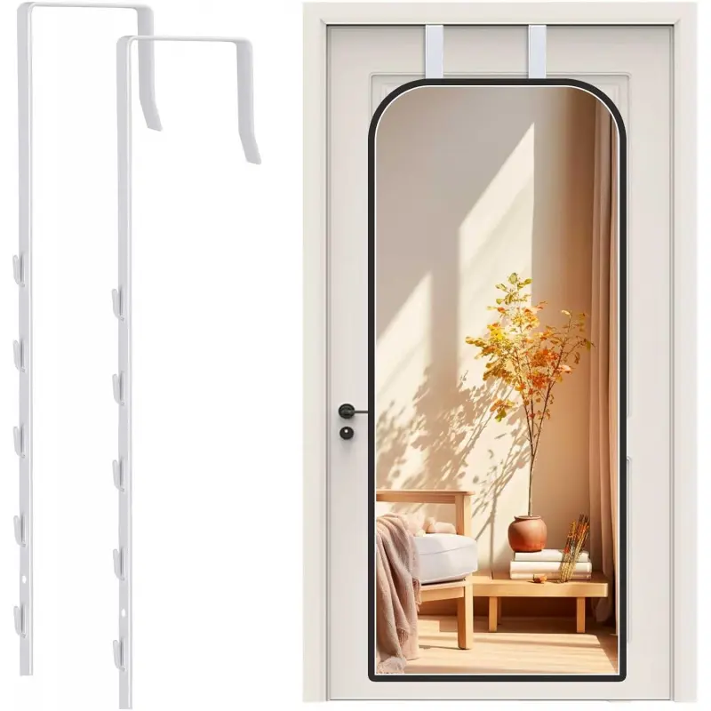 Over-The-Door Mirror Hanger, Adjustable Door Mirrors Hanger Set with Protective Lining, 2 Pcs Door Brackets Height and Fit (Mirror Not Included)-White