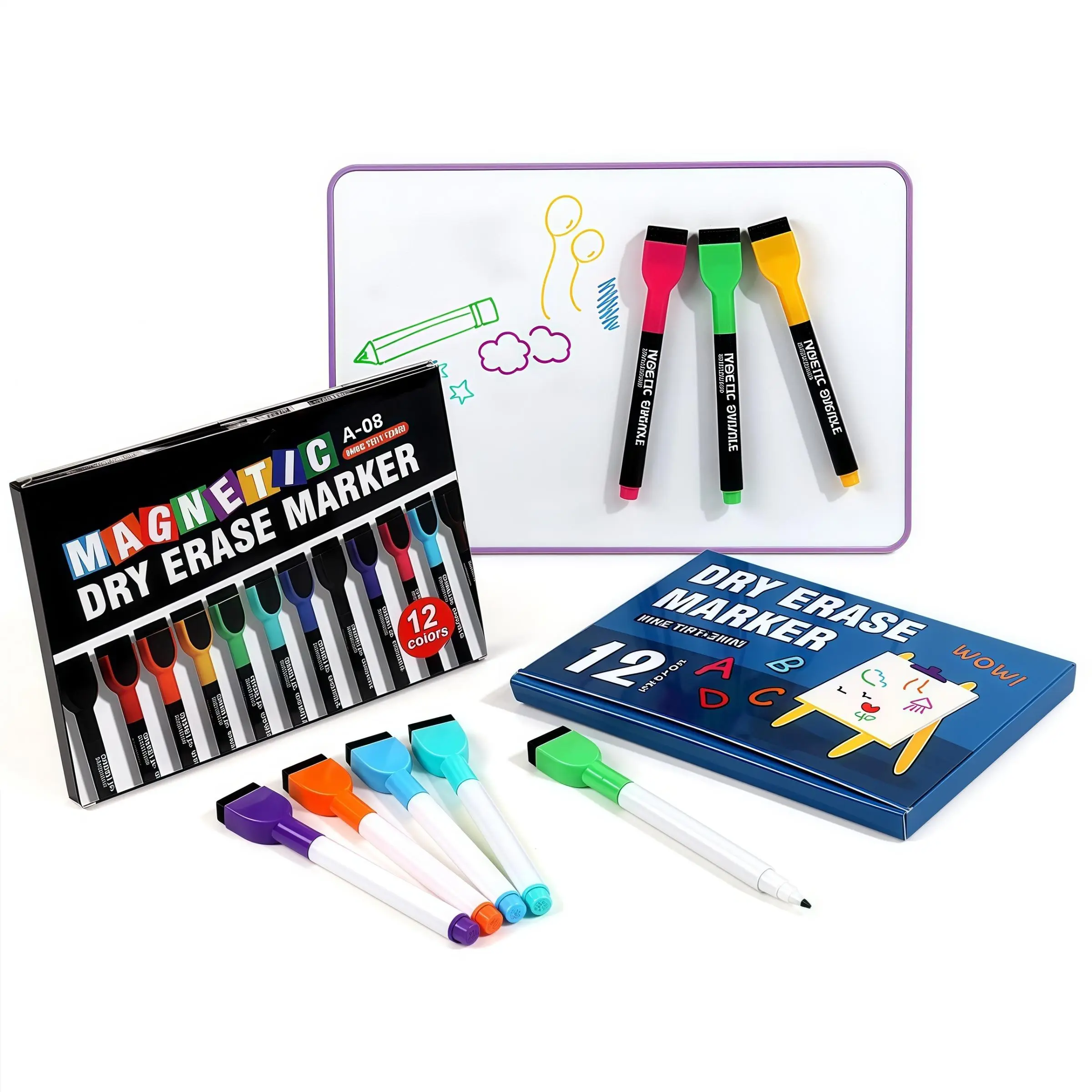 Magnetic Whiteboard Marker Set, 12pcs/set Magnetic Whiteboard Marker with Eraser, Writing Marker Pen for Home School Office
