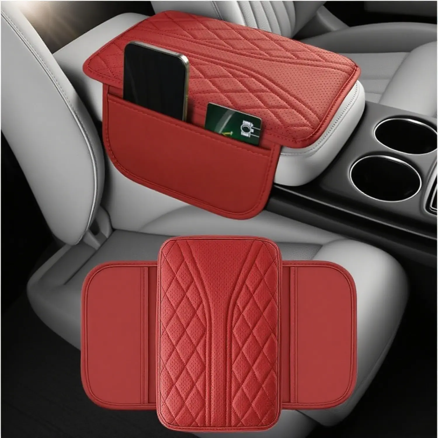 Car center console cover, leather car armrest box pad with 2 storage bags, car interior armrest pad protector accessories, universal for SUVs, sedans and trucks (Burgundy)