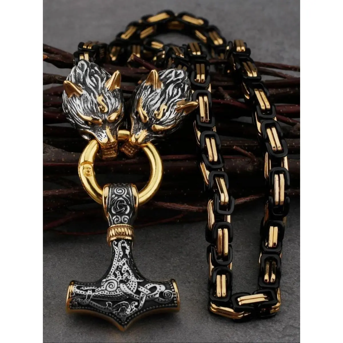 Norse Viking Myth Hammer Pendant Wolf Head Necklace - Stainless Steel Chain, Durable Jewelry, Punk Style Men's All-Season Fashion Accessory