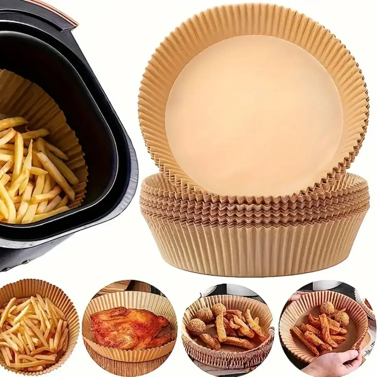 100Pcs AirFryer Airfryer Parchment Paper Liners Round, Non-stick Grease Proof Bakery Baking Paper for Air Fryer Basket Roasting, Oil-proof, Food Grade