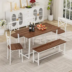 Dining Table Set with Bench, 6 Pieces Dining Table Set, Rectangular Dining Table with 4 Chairs and Bench for Kitchen Room Dining Room, Kitchen Table Chairs Set