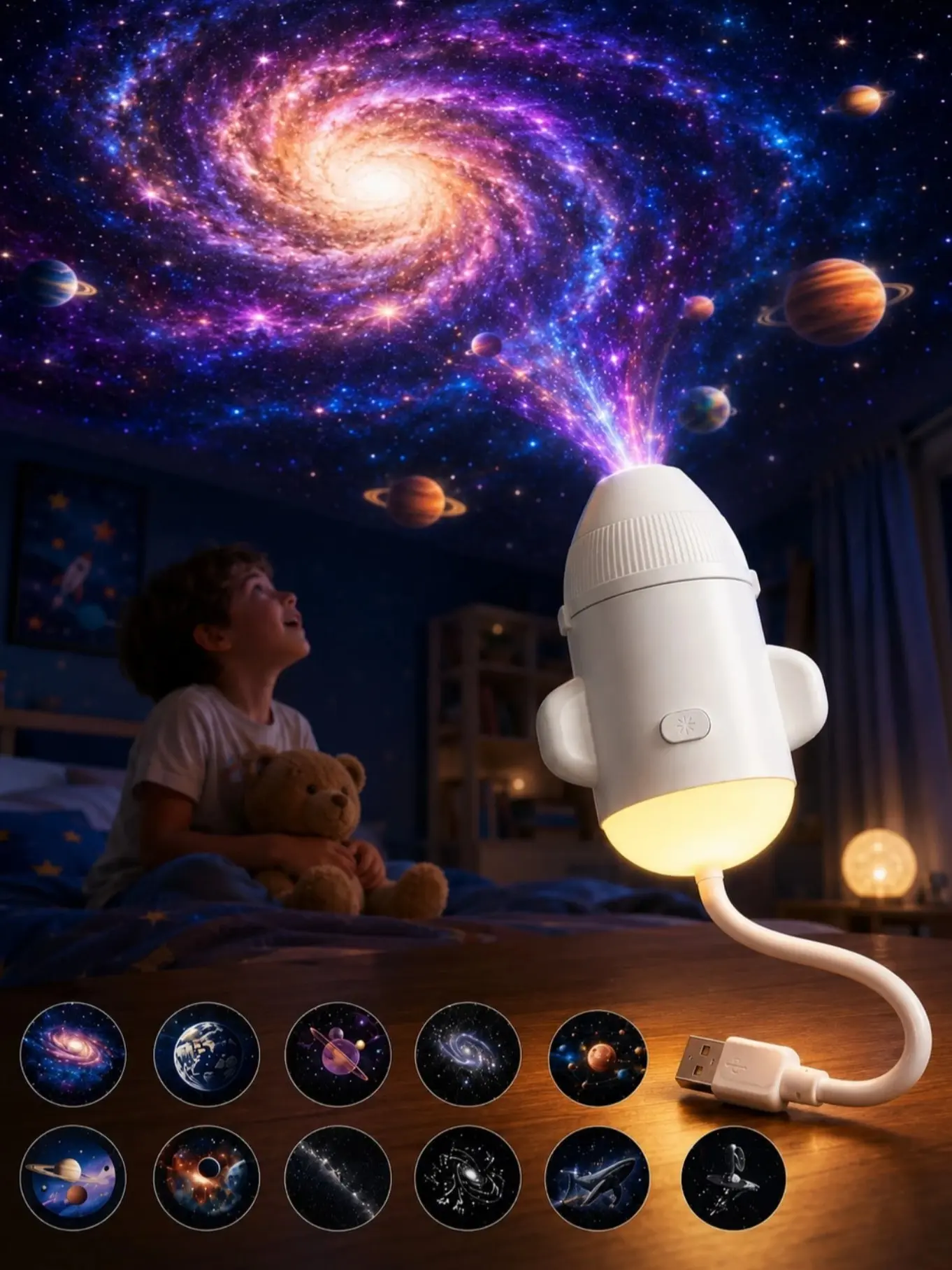 USB Rocket Projection Lamp & Night Light has 12 lighting modes. Compact and battery-free, it casts dreamy cosmic scenes and soft warm glow. Ideal for bedrooms and parties, it’s a heartwarming surprise gift for birthdays and Valentine's Day.