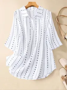 Women's New Loose Vintage Literary Print Short Sleeve Shirt, Plus Size Casual Fashion Top, Comfortable and Stylish Clothing