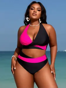 Plus Size Black Pink Color Block Bikini Set - Twist Front Halter + High Waisted Bottom