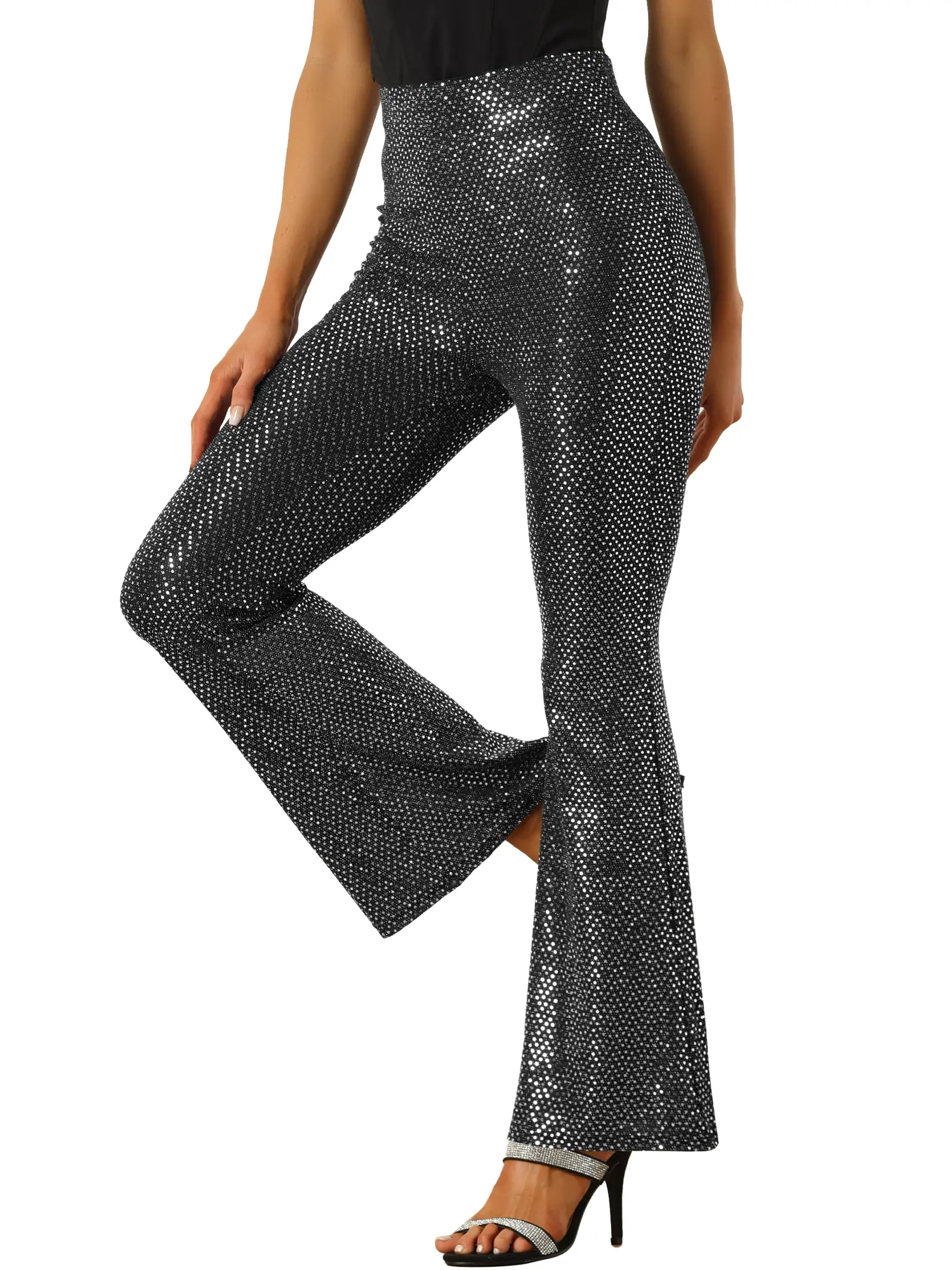INSPIRE CHIC Vintage Retro Sequin Flare Pants High Waist Stretch Sparkle Bell Bottoms