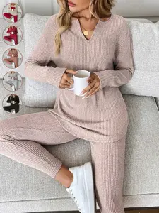 2pcs Women's Casual Fitted Elastic Plush Rib-Knit Long Sleeve T-Shirt And Leggings Set Outfit, for Autumn and Winter Wear