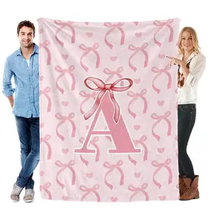 Custom Initial Letter A Flannel Blanket, Pink Soft Cozy Alphabet Throw Blanket, Multi-Size Home Bedding