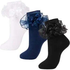 MUSE NOTE Women's Big Ruffle Socks with Bows Double Lace Turn Cuff (Size 9-, 3 Pairs)